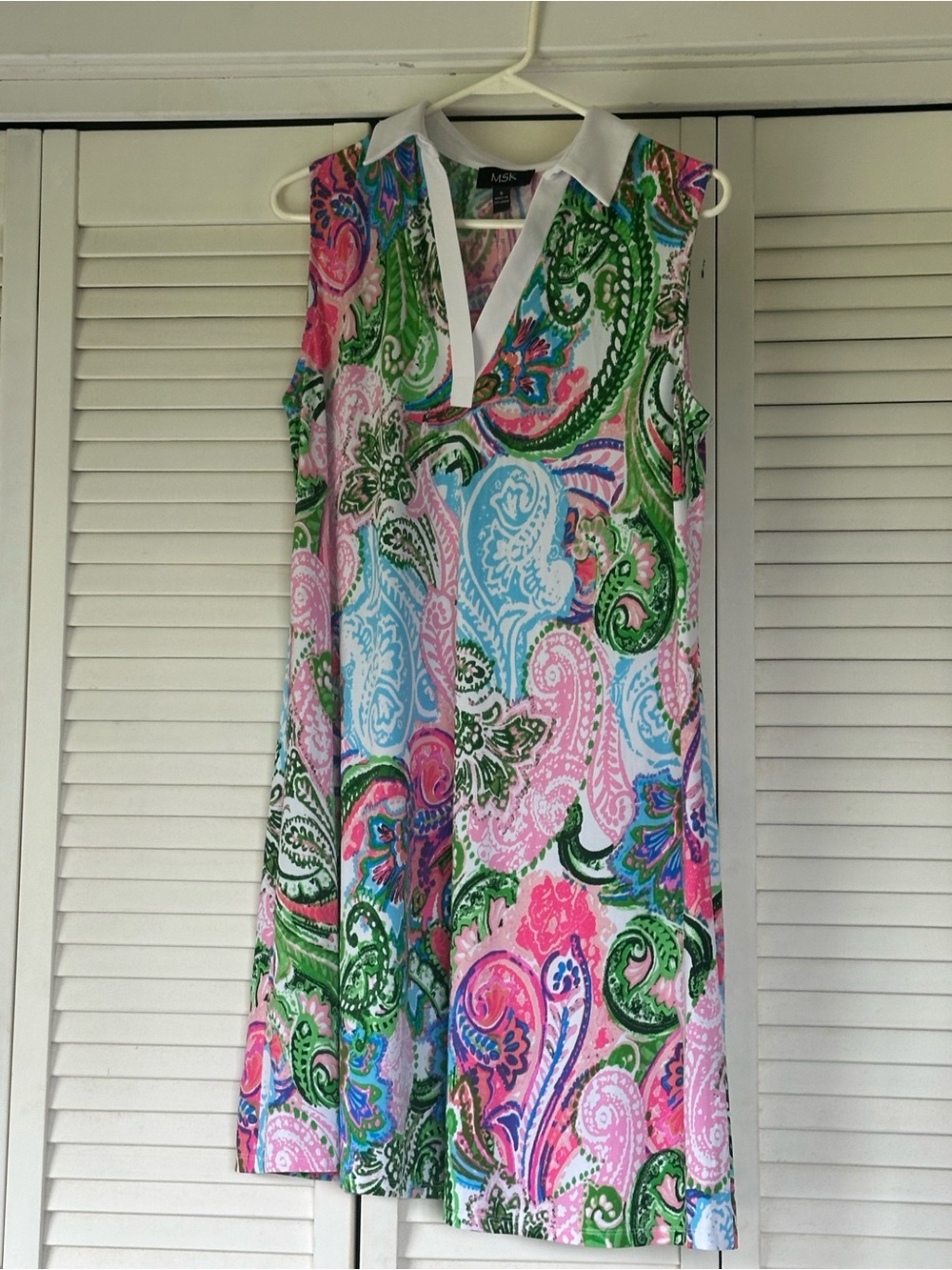 MSK Sleeveless Paisley Shift Dress in Pink, Green & Blue with White Collar